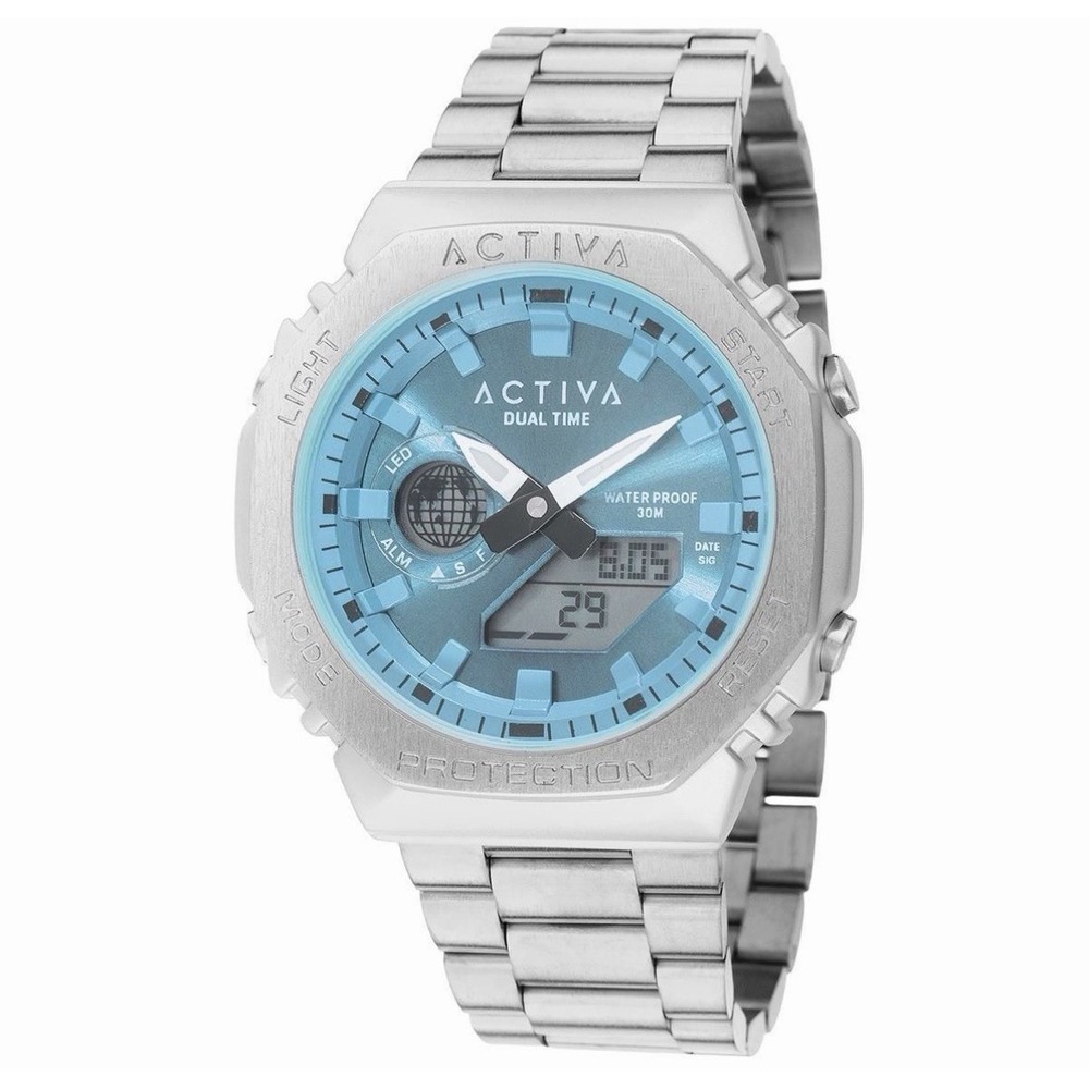 Activa X Invicta Unisex Silver Blue Dual Time Digital Metal Wristwatch 45.5mm